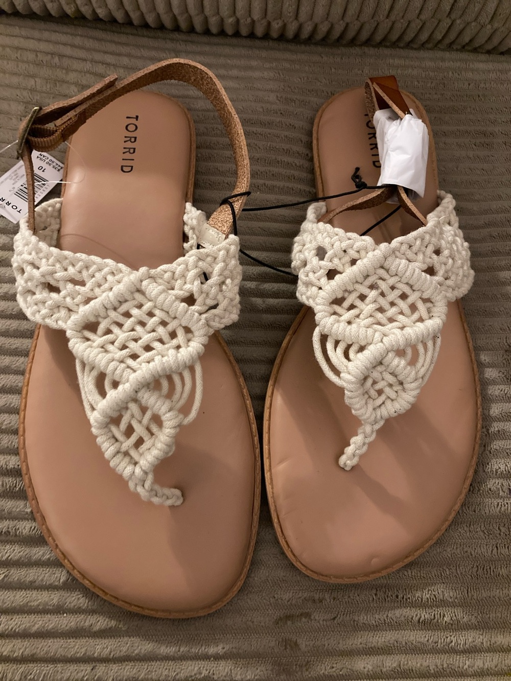 Torrid Cream Macramé Toe-Loop Sandals with Tan Back Strap